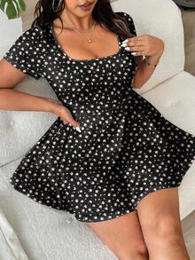 SHEIN EZwear 大码女式夏季休闲碎花圆领短袖A字连体裤，荷叶边下摆，带口袋。适合上学、户外活动、健身、瑜伽和日常穿着。 - 黑色 - 查看 5