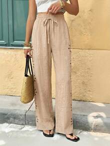 SHEIN Tall Quần dài nữ mùa đông màu đen, kiểu dáng thường ngày, màu trơn, khoét lỗ, thích hợp cho kỳ nghỉ. - Màu Khaki - Xem 4