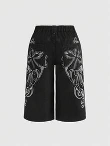 ROMWE Grunge Punk 大码复古街头风后口袋花卉刺绣图案宽松牛仔七分短裤 - 黑色 - 查看 1