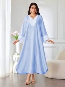 Al Najma Vestido maxi árabe tradicional de manga larga, holgado, con cuello bordado de encaje, para uso diario elegante de las mujeres - Azul - Ver 4