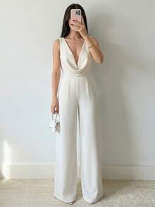 Firerie 女士优雅时尚简约纯色露背链条装饰无袖阔腿连体裤 - 杏色 - 查看 3