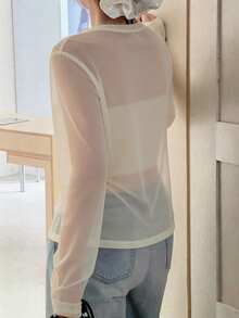 Dazy Plus Plus Size Casual Solid Color Sheer Mesh T-Shirt Going Out Tops - Apricot - View 3