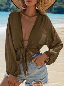 Swim Vcay Women's Solid Color Drop Shoulder Long Sleeve Short Kimono Cover Up - Chocolate Brown - View 1