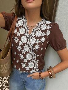 Serisse Camicia casual versatile da indossare quotidianamente da donna con scollo a V e motivo floreale ricamato - Castano - Visualizzare 4