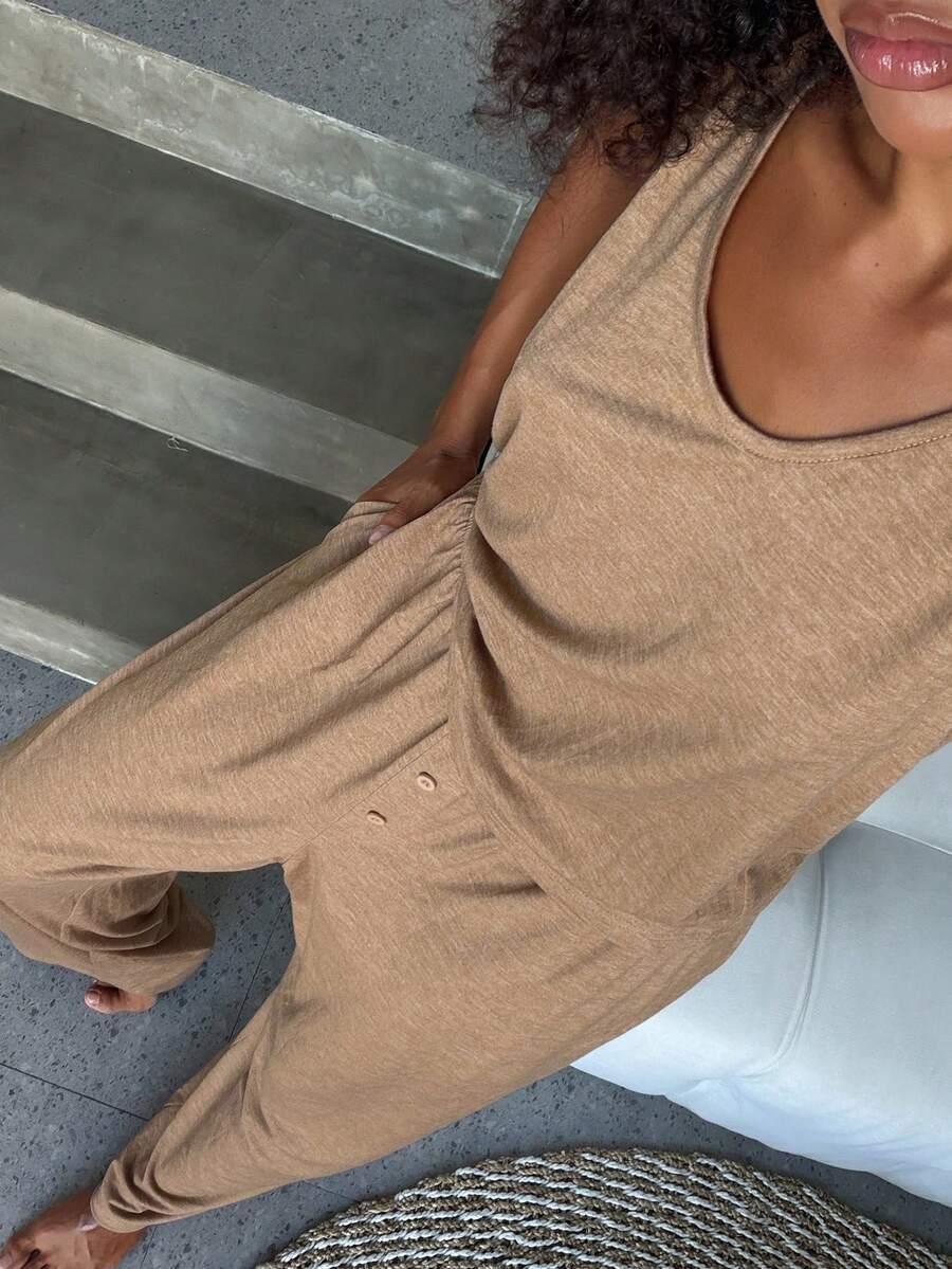 Livesso Bộ đồ mặc nhà tối giản dành cho nữ, gồm áo tank top và quần dài, thích hợp cho mùa hè. - Màu Khaki - Xem 1