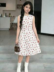 SHEIN Tween Girl's Elegant Cherry Print Ruffle Party Dress Youth Girl Clothes Mother Daughter Dresses Kids Dresses Girls Cherry Dress For Kids Sleeveless Dress White Dress Cherry Print Dress A-Line Dress - White - View 1