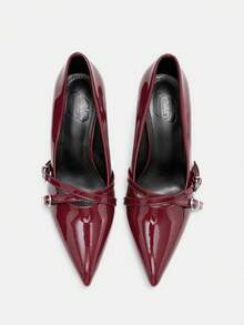 CUCCOO CURVES Women Shoes Wide Fit Fashion Pointed Stiletto Burgundy Cross Buckle Simple Classic Daily Comfort Fattened High Heel Women's Shoes Plus Size - Burgundy - View 5