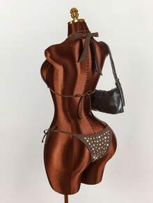 Amplova Bộ đồ bơi gợi cảm dành cho nữ, đính sequin và đinh tán, kiểu cổ yếm buộc dây, thiết kế buộc dây bên hông, thích hợp cho bãi biển, kỳ nghỉ, lễ hội âm nhạc. - màu nâu - Xem 1