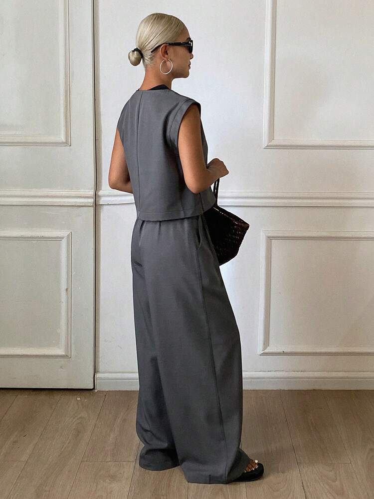Women's Casual Commuting Solid Color Vest & Pants 2 Pieces Set