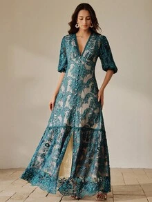 Anewsta Vestido bordado con mangas farol y escote en V profundo, vestido elegante y grácil para vacaciones para mujeres - Azul - Ver 4