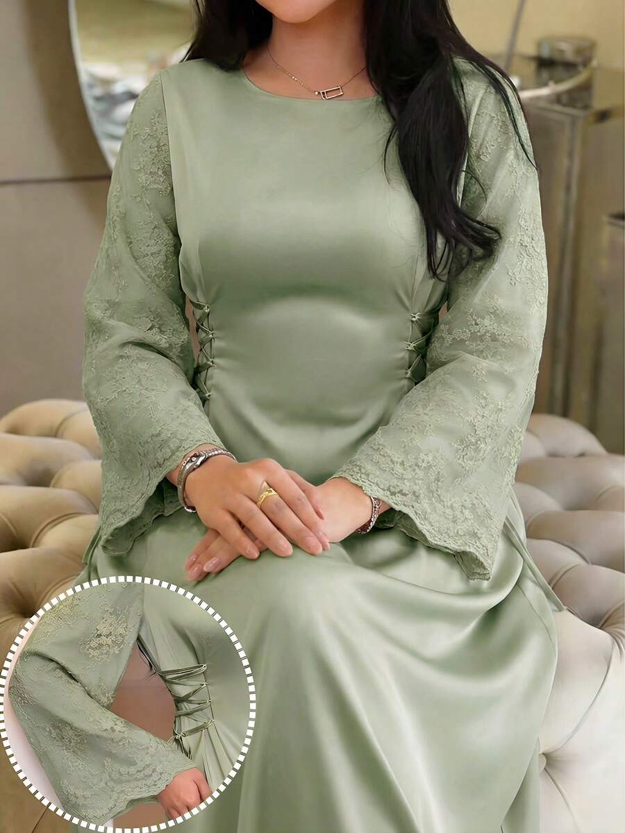 Al Najma Đầm dài tay cổ tròn phối ren tương phản kiểu Ả Rập thanh lịch dành cho nữ - màu xanh lá - Xem 1