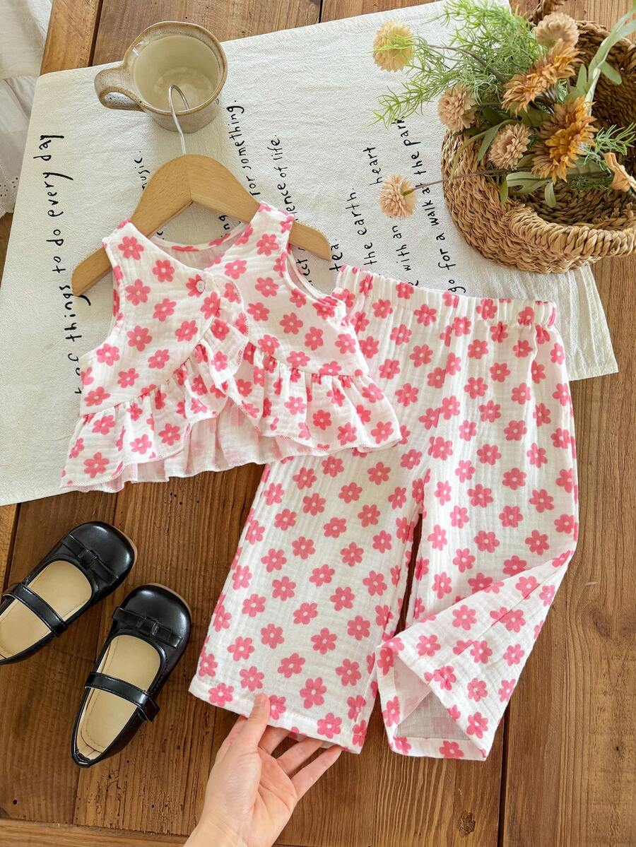 LMoss Kids 2pcs Baby Girl Cherry Print Woven Vest And Pants Set - Pink - View 1