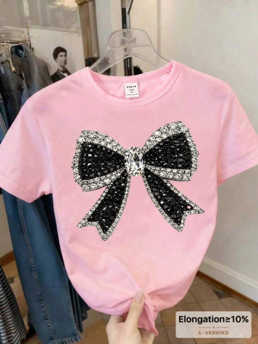 Elladie kids 春夏休闲时尚创意个性清新高端闪亮蝴蝶图案印花基础款白色短款T恤,舒适日常穿着,适合少女 - 玫紅色 - 查看 1