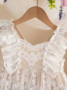 Babygirl Elegant Cute White Floral Embroidery Mesh Ruffle Hem Princess Dress - White - View 7