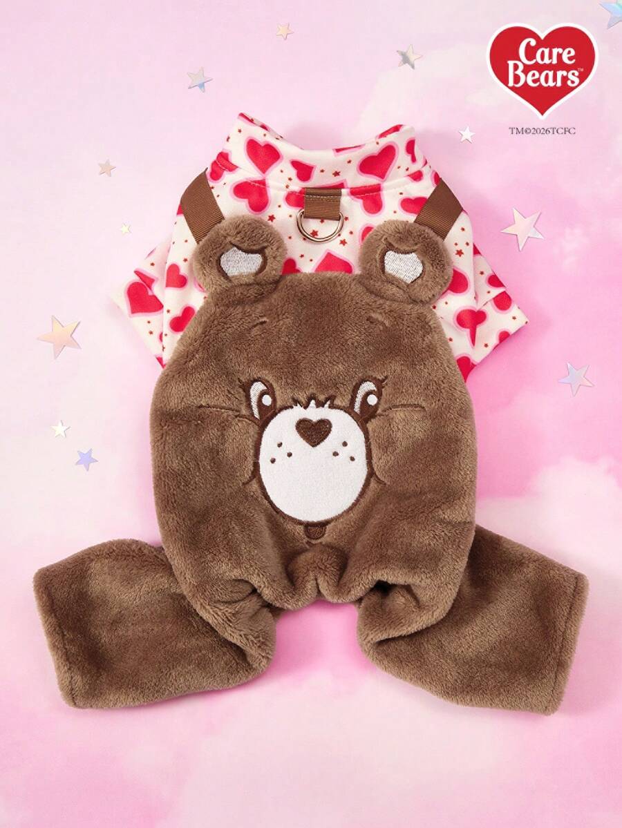 Care Bears X PETSIN 1 bộ quần áo cho thú cưng, thêu hình gấu bông trái tim màu nâu, bộ áo liền quần dày dặn ấm áp cho bốn chân, có vòng chữ D để dễ dàng mang vào, thích hợp cho mèo và chó vào mùa thu đông. - màu nâu - Xem 1