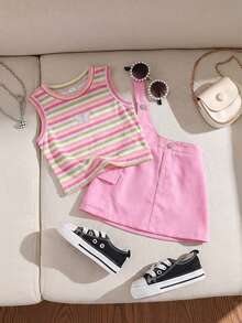 SHEIN Cute Summer Pink Striped Baby Girl Set,Knitted Butterfly Top & Suspender Skirt,Casual Baby Overalls For Vacation Outings - Hot Pink - View 2
