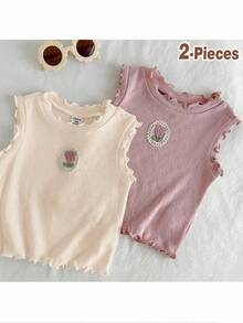 Loomiva 2pcs Baby Girl Cartoon Strawberry Knitted Soft Crew Neck Sleeveless Top Set - Multicolor - View 1