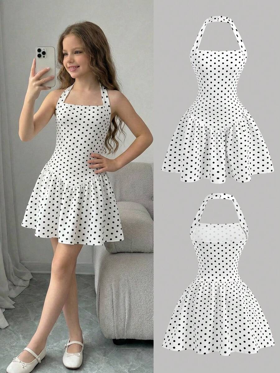 SHEIN Girlism Đầm cổ yếm thời trang in chấm bi dành cho thiếu nữ - Đen và trắng - Xem 1
