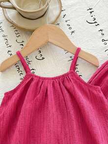 SHEIN LMoss Kids 2件套女婴纯色梭织吊带背心和裤子套装 - 玫紅色 - 查看 3