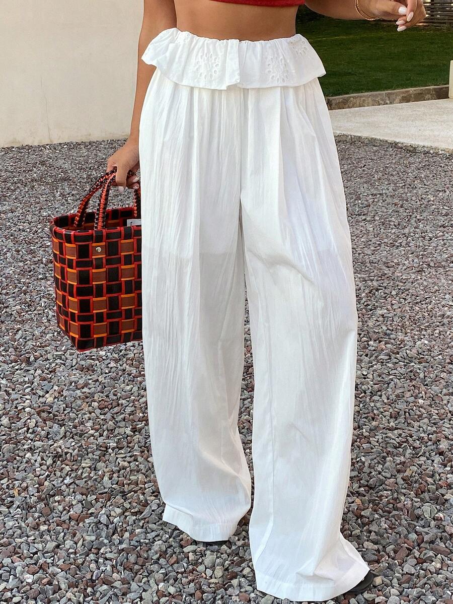 Livesso Women's Solid Color Waist Ruffle Hem Wide Leg Pants - White - View 1
