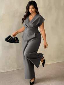 Auralis 新款优雅通勤工作装夏季交叉V领无袖落肩短袖加大码上衣和直筒裤/优雅两件套 - 深灰色 - 查看 1