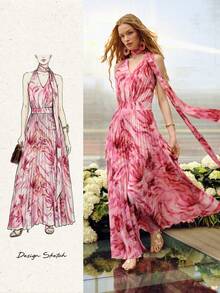 MOTF PREMIUM ROCHIE ROMANTICĂ CU DECOLARE ÎN V ȘI VOLANELE, PLISATĂ, POTRIVITĂ PENTRU ÎNTÂLNIRI DE PRIMĂVARĂ/VARĂ - Roz - Vizualizare 2