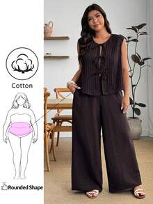 Enliva Plus Size Women's Summer Solid Color Tie Front Top And Pants Set, Casual Elegant Vacation Outfit, For Apple And Rounded Body Shape Bussines Brown - Brown - View 1