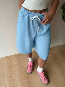 SHEIN EZwear 天蓝色休闲加大码女式抽绳百慕大短裤 - 天藍色 - 查看 5