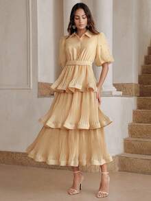 Anewsta Robe de vacances, chemise à manches pétales d'été col chemisier jupe plissée gâteau, robe longue kaki à ourlet volumineux fortement ornée col plissé bouffant gâteau - Kaki - Voir 5