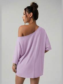 SHEIN ICON 美式休闲街头风宽松不对称肩部T恤，纯黑色 - 淡紫色 - 查看 2