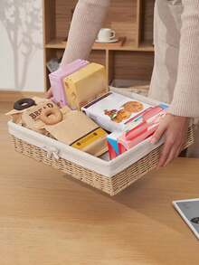 1/4Pcs Desktop Rattan Woven Storage Baskets Makeup Key Coffee Table Organizer Living Room Entry Decor Brown Home Organization - apricot bow - View 5