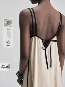 Ontre 2026SS New Linen Blend Dress For Women, Apricot Color Beaded Design Spaghetti Strap Dress With Contrast Stripe, A-Line Silhouette And Back Tie, Suitable For Tea Party, Independence Day, Date, Summer Vacation - Black and White - View 7