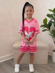 SHEIN Tween Girl New Spring And Summer Casual Street V-Neck Off-Shoulder Short-Sleeved 23 Slogan Logo Eagle Pattern Apricot Bottom Green Stripe All-Over Printing Loose Knitted Fabric Mini Dress,Dresses - Pink - View 4