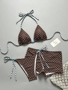 Swim Mod 女士沙滩套装 - 复古波点印花、撞色条纹印花、串珠装饰，时尚休闲度假甜美可爱性感优雅女士泳装套装 - 挂脖比基尼、三角上衣和短裤三件套 - 彩色 - 查看 2