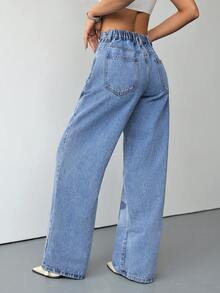 SHEIN PETITE Quần jeans nữ màu xanh dương đính kim cương lấp lánh, cạp thấp, ống rộng, phong cách lễ hội âm nhạc Y2K. - Màu xanh lam - Xem 2
