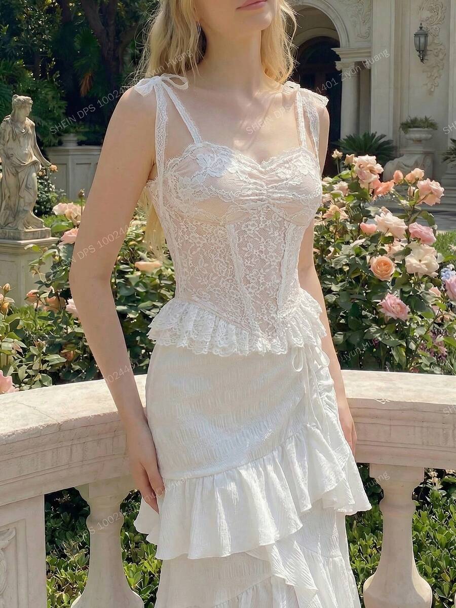 SHEIN MOD Áo hai dây nữ ren xếp ly thời trang, đa năng, thích hợp cho hẹn hò và dự tiệc. - trắng - Xem 1