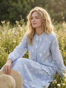 DAZY Women's Casual Striped Embroidered Floral Stand Collar Shirt And A-Line Skirt 2-Piece Set, Spring/Summer - Blue - View 5
