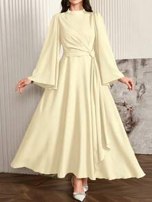 Modelyn Women Elegant Solid Color Bell Sleeve Arabic Dress, Autumn Long Evening Dresses - Yellow - View 3