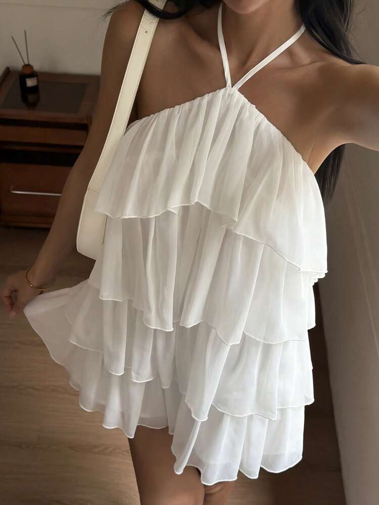 Chiffon Halter Neck Mini Dress, Elegant Strapless Cake Skirt