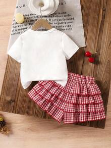 SHEIN LMoss Kids 2pcs Young Girl Knitted Solid Color Round Neck T-Shirt And Plaid Ruffle Hem Shorts Set - Multicolor - View 2