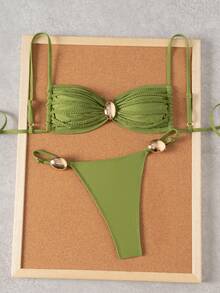 Swim Chiccia Conjunto de bikini sexy con decoración metálica y anudado en unicolor para mujer, ideal para la playa - Verde - Ver 5