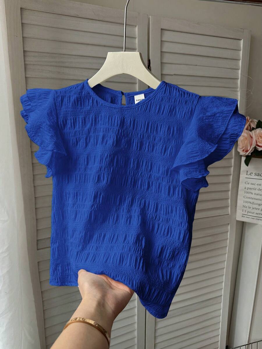 SHEIN LMoss Kids Tween Girls Cute Royal Blue Summer Blouse,Textured Ruched Ruffle Trim Flutter Sleeve Round Neck Fitted Top,French Elegant Vacation Style Back To School - Blue - View 1