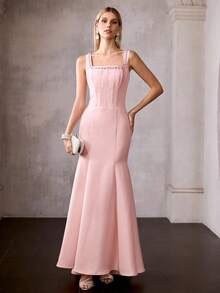 MOTF Soiréza 女士仿珍珠水钻露背鱼尾连衣裙，适合鸡尾酒会、婚礼、春夏穿着 - 粉色 - 查看 6