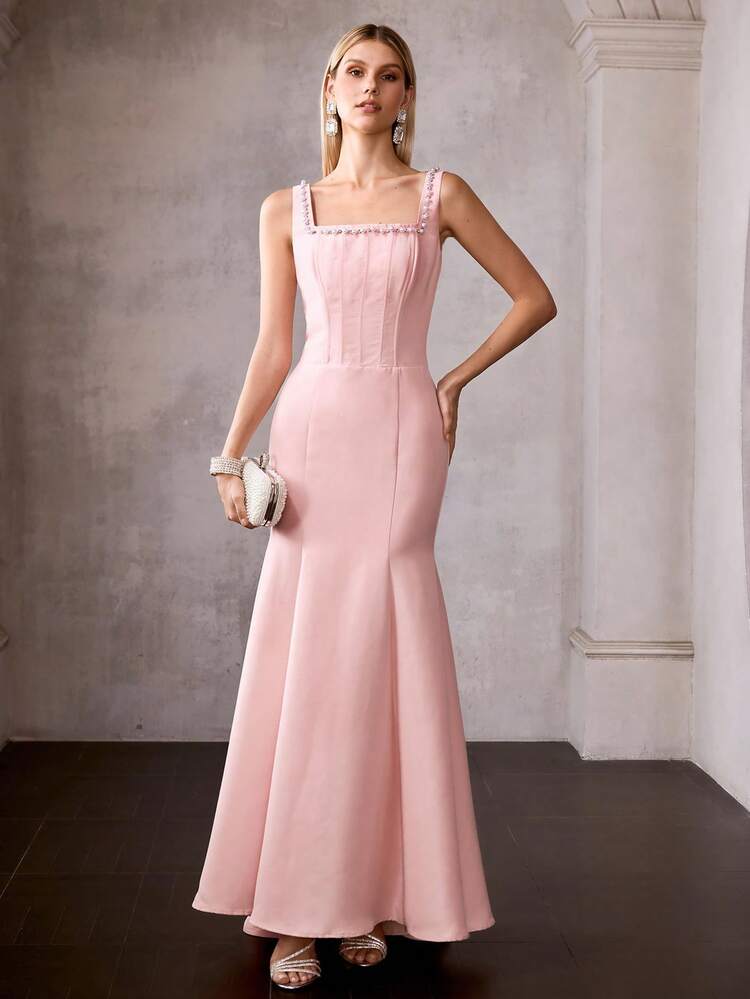 MOTF Soiréza WOMEN'S FAUX PEARL & RHINESTONE BACKLESS FISHTAIL DRESS, SUITABLE FOR COCKTAIL PARTY, WEDDING, SPRING/SUMMER