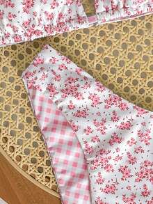 Kids Teen Girls Bikini Sets Summer Beach Holiday 2-Piece Random Floral & Plaid Print Triangle Halter Top And Bottom Set,Cute Pink Vacation Swimwear - Pink - View 3