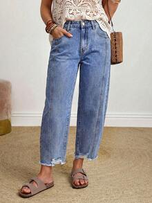 Breezaya Women's Solid Color Distressed Frayed Edge Slant Pocket Casual Jeans - Blue - View 1