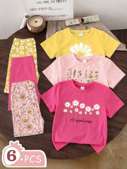 Bộ 6 món cho bé gái 4-7 tuổi, họa tiết hoa, áo tay ngắn cổ tròn họa tiết hoa cúc và quần short cạp chun, trang phục nhẹ nhàng, đa năng cho bé chơi hàng ngày, đi học, dự tiệc sinh nhật, ngày thiếu nhi, mùa xuân/hè/thu.