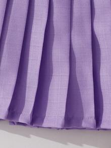 SHEIN 1pc Girls' Baby Purple Summer Family Matching Back-To-School Stripe Collared Waist-Cinched Mid-Length Short Sleeve Pleated Dress With Waist Belt - Purple - View 8