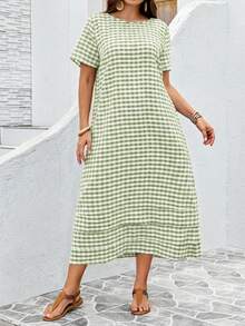 EMERY ROSE Vestido casual de manga corta con cuello redondo y estampado de cuadros, talla grande, para verano - Verde - Ver 3