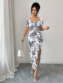 Elenzga Elegantes Damenkleid mit quadratischem Ausschnitt, Puffärmeln, taillierter Passform und Blumenmuster, Frühling/Sommer - Schwarz und Weiss - Übersicht 7
